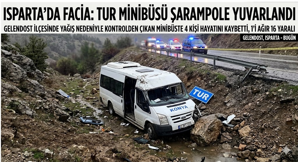 Konya  Plakalı  Tur Minibüsü Isparta'da Şarampole Yuvarlandı: 4 Ölü, 16 Yaralı
