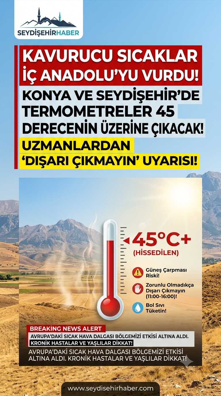 Kavurucu Sıcaklar İç Anadolu'yu da Vurdu! Konya ve Çevre İllerde "Dışarı Çıkmayın" Uyarısı: Hissedilen Sıcaklık 45 Dereceyi Aşacak!