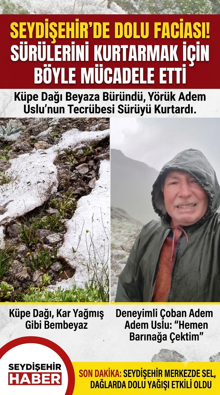 SEYDİŞEHİR’DE ANİ HAVA DEĞİŞİMİ: KÜPE ÇUKURU’NA DOLU YAĞDI, MERKEZİ SEL VURDU!