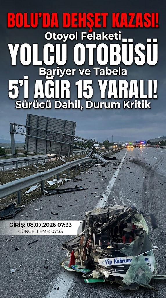 Yolcu Otobüsü Bariyere ve Tabelaya Çarptı: 5’i Ağır 15 Yaralı