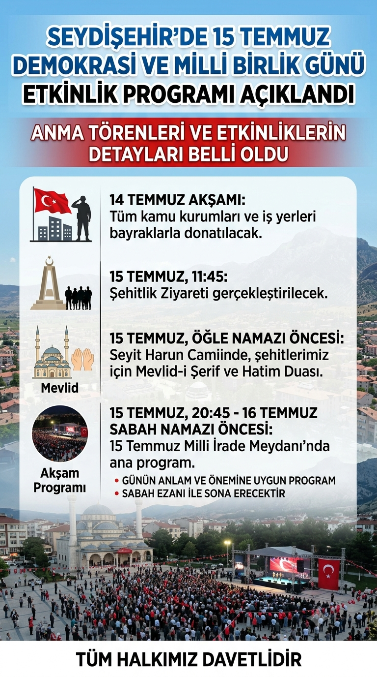 Seydişehir’de 15 Temmuz Demokrasi ve Milli Birlik Günü Programı Belli Oldu