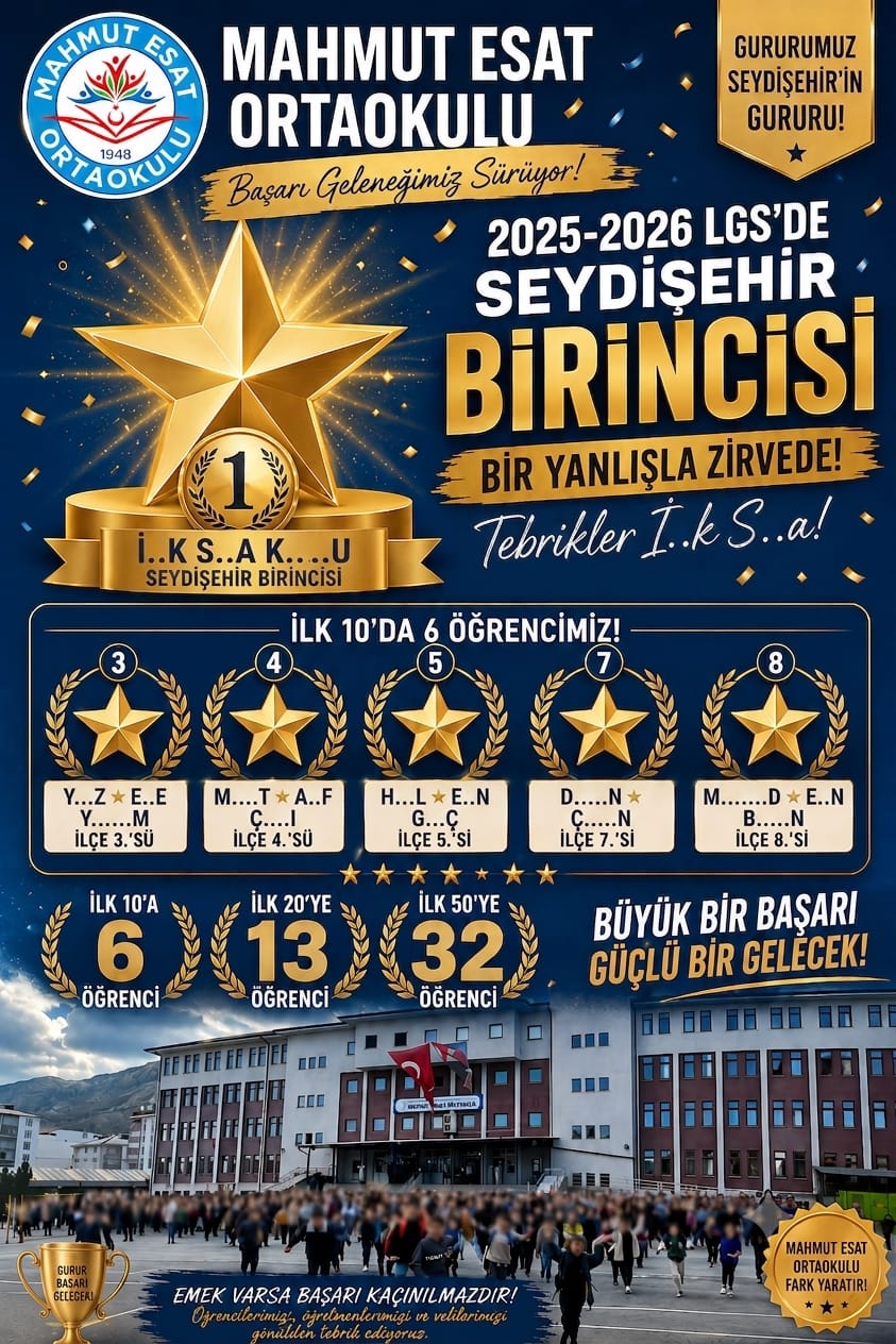 Mahmut Esat Ortaokulu'nda Başarı Geleneği Artarak Devam Ediyor: 2025-2026 LGS'de Seydişehir'in Zirvesinde!