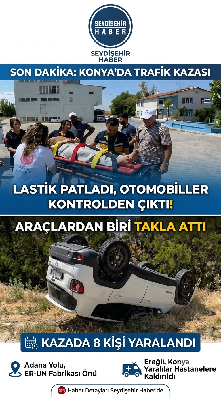 Konya’da Feci Kaza: TIR’ın Lastiği Patladı, Otomobiller Savruldu (8 Yaralı)