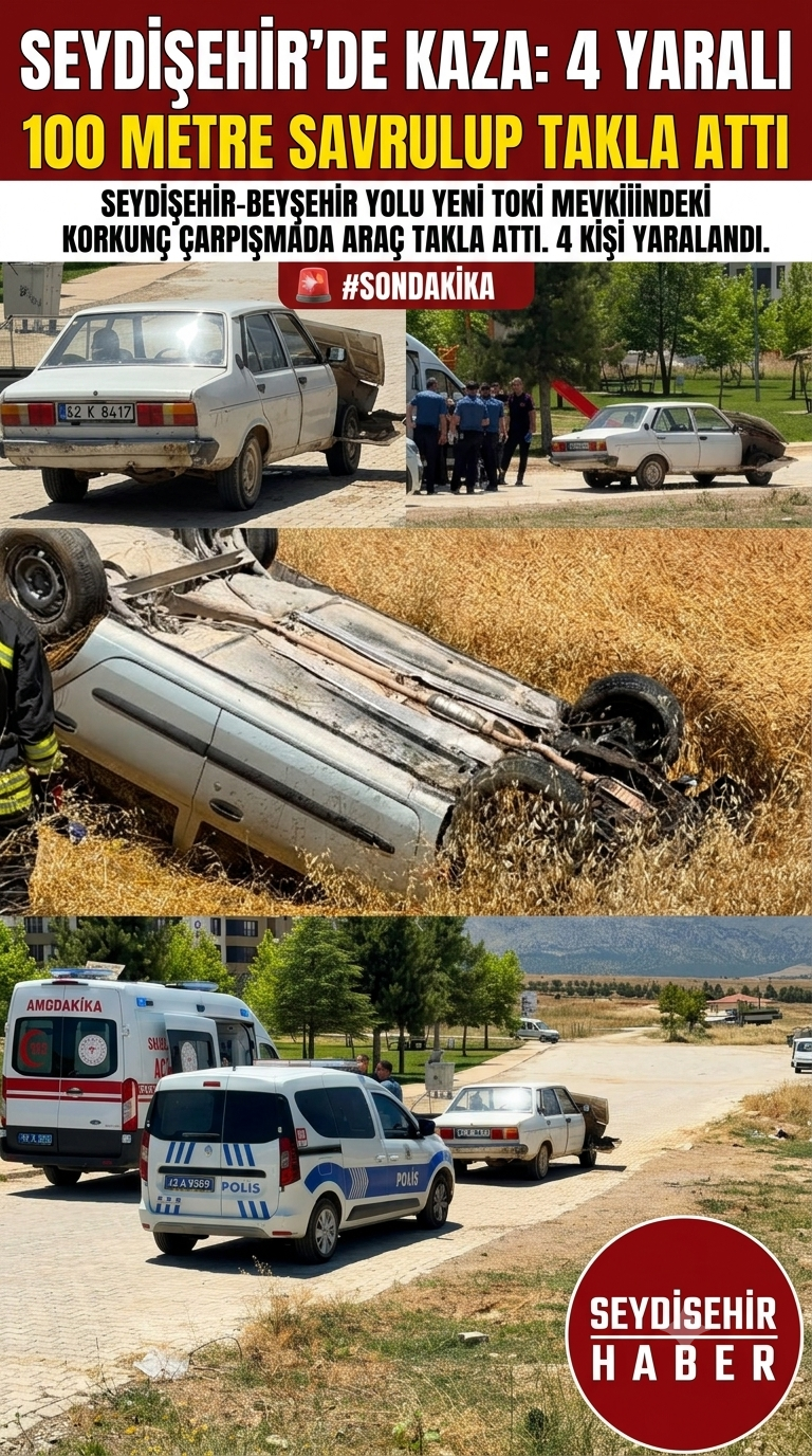 100 Metre Savrulup Takla Attı! Seydişehir’de Feci Kaza: 4 Yaralı