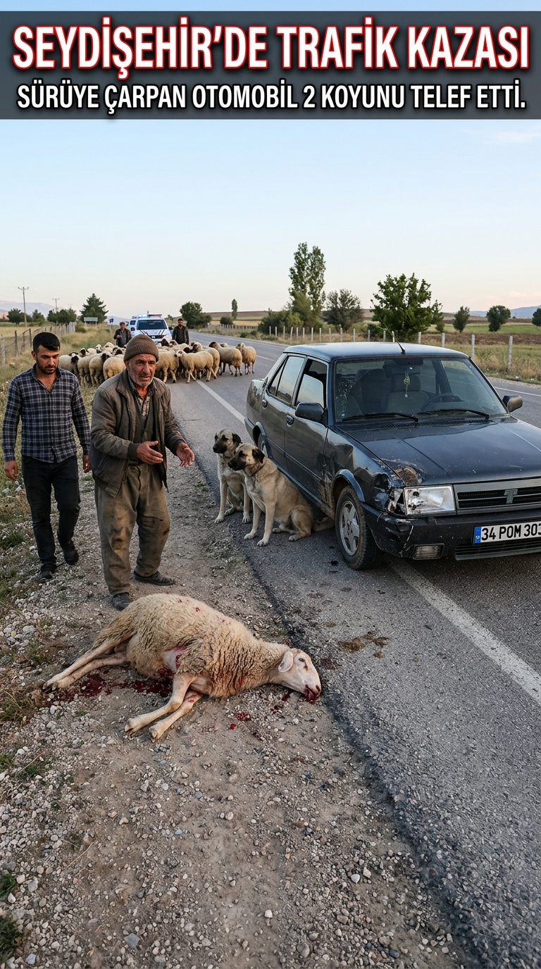 SEYDİŞEHİR’DE TRAFİK KAZASI: SÜRÜYE ÇARPAN OTOMOBİL 2 KOYUNU TELEF ETTİ