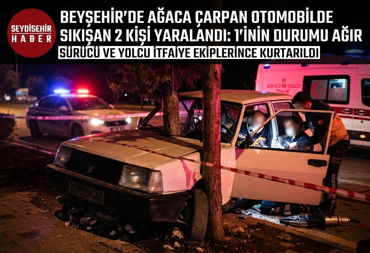 Beyşehir’de Ağaca Çarpan Otomobilde Sıkışan 2 Kişi Yaralandı: 1'inin Durumu Ağır