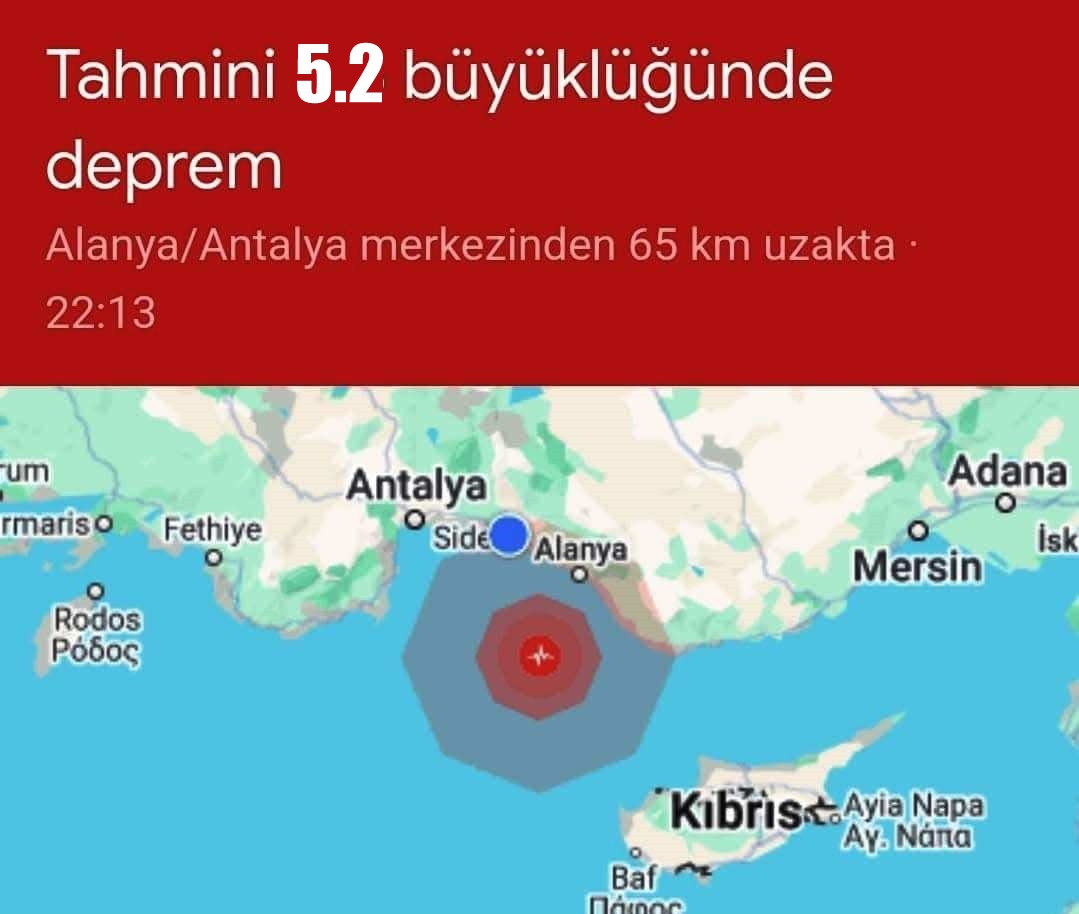 AKDENİZDE MERKEZLİ 5.2  DEPREM SEYDİŞEHİRDE   HİSSEDİLDİ